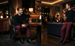 Side-by-side image of two men styling rich burgundy chinos with minimalist black crewneck sweaters and black leather footwear.