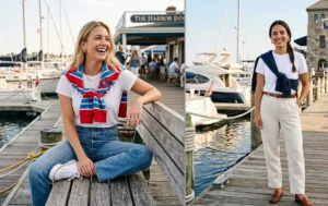 A casual weekend style collage of women wearing basic white t-shirts and jeans with colorful sweatshirts stylishly draped and tied over their shoulders.
