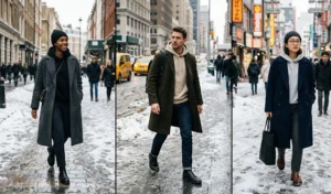 Three people wearing elegant winter city fashion with heavy wool tailored overcoats layered over dense-cotton relaxed hoodies and tailored trousers.