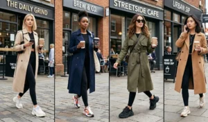 Four women wearing elevated athleisure coffee date outfits featuring longline trench coats, black leggings, and chunky fashion sneakers.