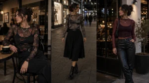 Three modern Y2K outfits featuring printed mesh tops layered over camisoles with skirts and trousers
