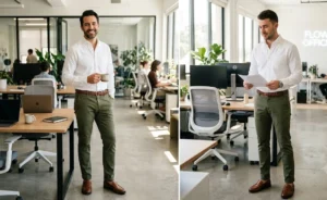 Two stylish men in a modern office wearing olive green chinos with crisp white Oxford shirts and brown penny loafers.