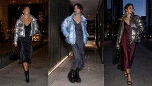 Three futuristic Y2K outfits pairing metallic puffer jackets with elegant satin slip dresses