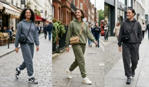 Three people modeling monochromatic streetwear sweat-sets in slate grey, washed olive, and charcoal, featuring relaxed hoodies, oversized joggers, and chunky sneakers.