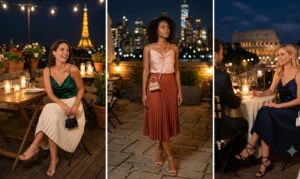 A three-panel collage featuring women wearing romantic satin cowl-neck camisoles and flowing pleated midi skirts with micro-bags at a dimly lit outdoor dining patio.