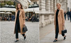 Two women wearing elegant camel trench coats layered over black blouses and black pants, paired with sleek leather mules.