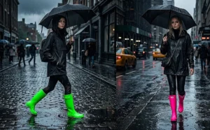Two women wearing all-black monochromatic rainwear contrasted by bright neon green and hot pink rubber rain boots on a dark stormy day.