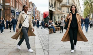 Two people walking in the city wearing beige and camel trench coats layered over relaxed hoodies, paired with straight-leg trousers and minimalist sneakers.