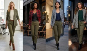 Four women transitioning from day to night wearing olive chinos paired with structured plaid and houndstooth blazers and ankle boots.