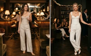 Side-by-side images of two women wearing high-waisted wide-leg linen trousers in oat and ivory paired with structured bustier tops at an upscale evening cocktail lounge.