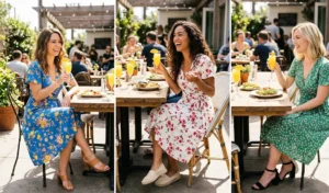 "Three women at a sunny outdoor cafe wearing flowy floral wrap dresses and block heel sandals for a weekend brunch."