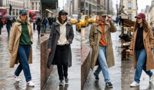 Collage of four women wearing casual pullover hoodies, baseball caps, and denim jeans layered beautifully underneath waterproof trench coats.