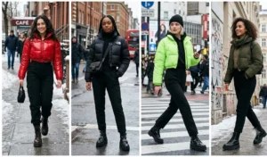 Four women in urban winter streetwear wearing high-waisted black pants, stylish cropped puffer jackets, and chunky platform boots.
