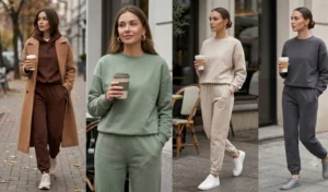 A fashion collage of women wearing modern monochromatic sweat sets in chocolate, sage green, oatmeal, and grey, styled with luxurious coats and minimalist sneakers.