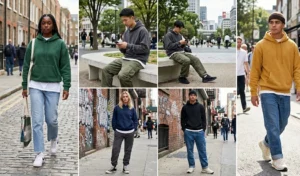 Four people demonstrating the peek-a-boo layer styling trick with crisp white crewneck t-shirts extending past the hems of various relaxed hoodies.