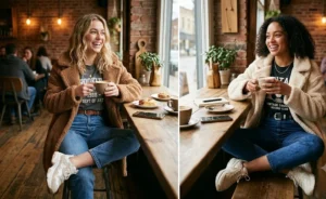 Collage of two women in casual street style wearing teddy bear coats, vintage graphic tees, and mom jeans at a cafe.