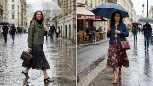 Two women demonstrating how to wear skirts in the rain with cropped rain jackets, floral tiered midi skirts, and waterproof slip-on mules.