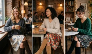 Split-screen of three women combining romantic and cozy styles in floral silk slip skirts and oversized plush V-neck sweaters.