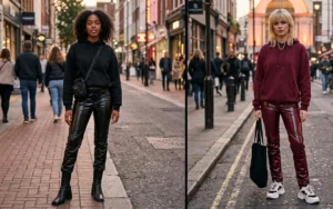 Two people wearing edgy evening streetwear featuring soft relaxed cotton hoodies paired with glossy faux leather trousers and chunky platform sneakers.