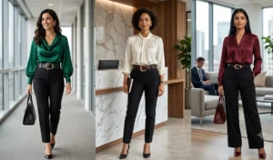 Three women wearing tailored black trousers paired with luxurious jewel-toned silk blouses and statement gold-buckle belts.
