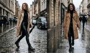 Split-screen of two women wearing edgy black faux leather pants and heavy-duty combat boots styled with refined gabardine trench coats.