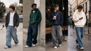 Four relaxed Y2K streetwear outfits with wide-leg skater jeans, oversized hoodies and retro sneakers
