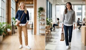 A preppy outfit collage showing women wearing navy and grey crewneck sweatshirts layered over crisp white button-down shirts, paired with chinos and jeans.