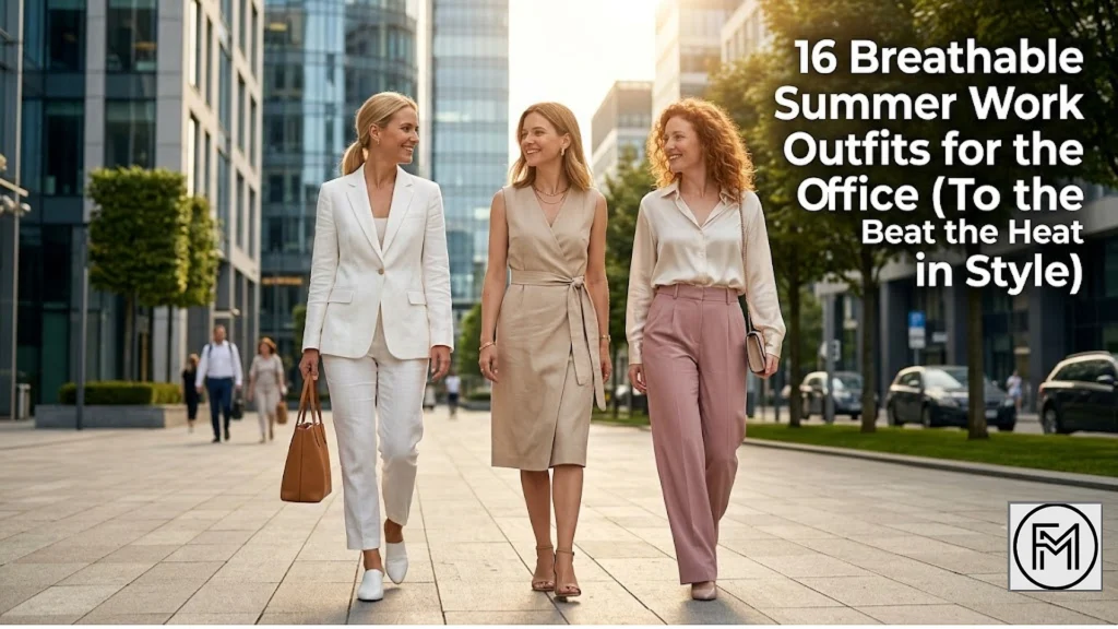 Three beautiful women in chic, breathable summer workwear walking in a sunny corporate district, featuring the text "16 Breathable Summer Work Outfits for the Office (To Beat the Heat in Style)".