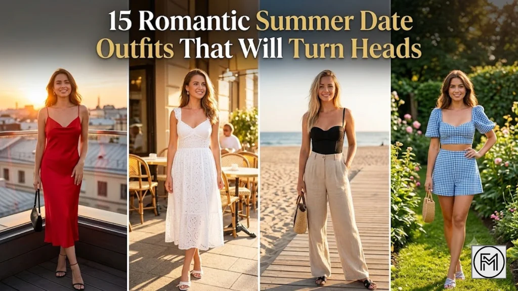A four-panel feature image displaying women in various stylish summer date outfits, including a red slip dress, a white eyelet dress, beige linen pants with a black bustier, and a blue gingham two-piece set. The text '15 Romantic Summer Date Outfits That Will Turn Heads' is prominently displayed at the top across the collage.