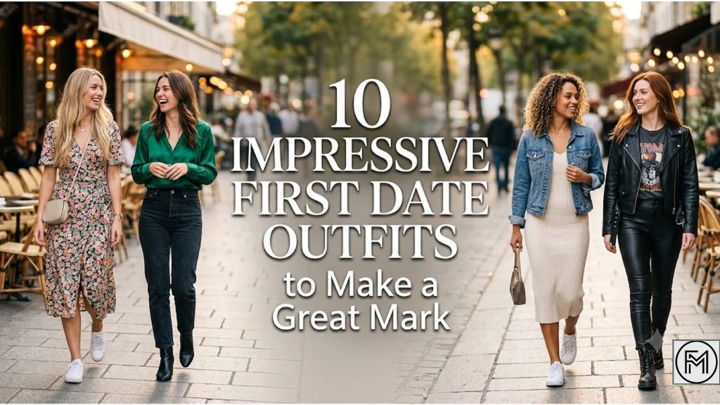 A feature image titled "10 IMPRESSIVE FIRST DATE OUTFITS to Make a Great Mark" in the center. The image shows four diverse, smiling women walking and chatting on a café-lined street, wearing a variety of fashionable date-appropriate outfits including a floral dress, a green blouse and jeans, a denim jacket with a ribbed dress, and a leather jacket with leather pants.