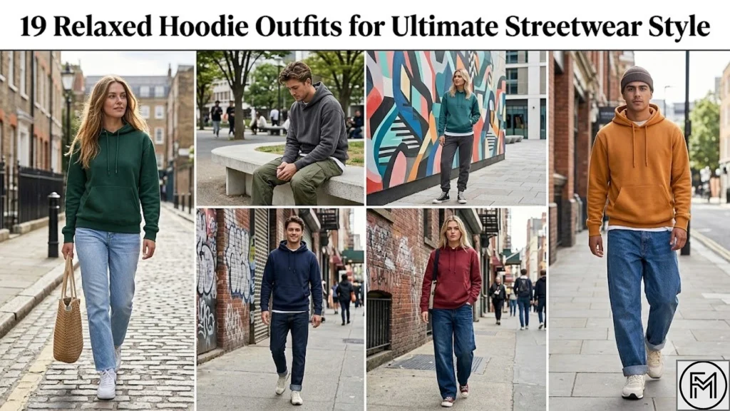 "A collage of men and women modeling stylish relaxed hoodie streetwear outfits in natural urban settings, featuring the text '19 Relaxed Hoodie Outfits for Ultimate Streetwear Style' at the top."