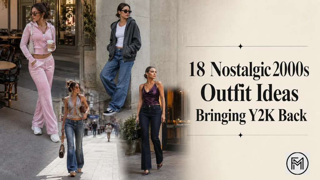 Four adult women styling nostalgic 2000s Y2K outfits, including a pink velour tracksuit, flare jeans, skater denim, and an elegant evening look.