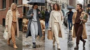 Four women styling monochromatic fleece sweatsuits layered under oversized waterproof trench coats and ankle-length rain boots on a rainy day.