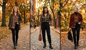 Three women wearing cozy autumnal plaid flannel shirts tucked into black pants and lace-up combat boots.