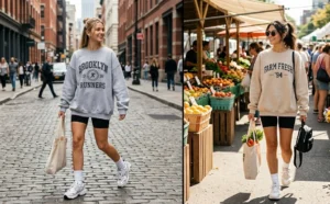 A 90s-inspired street style collage showing women balancing ultra-oversized slouchy sweatshirts with tight black biker shorts, tall socks, and chunky sneakers.