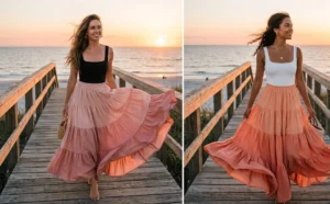 Side-by-side photos of two women on a breezy ocean boardwalk at sunset wearing flowy tiered maxi skirts in blush pink and coral paired with sleek square-neck bodysuits.