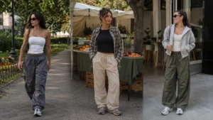 Three sporty Y2K outfits with parachute pants, fitted ribbed tops, hoodies and retro sneakers
