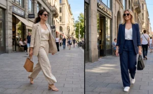 A side-by-side comparison image of two stylish women wearing white and beige wide-leg linen trousers with silk camisoles and unlined drapey blazers, walking confidently down a city street.