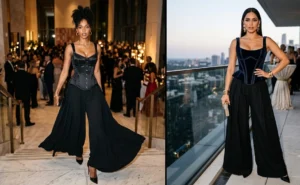 Two women wearing highly structured corset tops paired with flowy wide-leg black trousers for a dramatic hourglass silhouette.