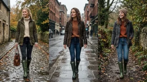 Three women dressed for freezing rain in cozy waxed canvas field jackets, chunky knit sweaters, and knee-high rubber rain boots with adjustable gussets.