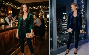 Two women at an upscale holiday party wearing plush velvet blazers over black pants, accessorized with metallic clutches.