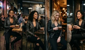 Four women looking effortlessly cool for an evening coffee date in black skinny jeans, silk camisoles, and leather moto jackets.