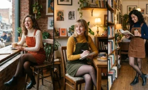 Collage of three women in an artsy cafe wearing retro corduroy pinafore dresses layered over fitted ribbed turtlenecks.