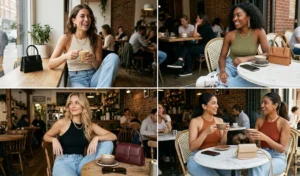 A four-panel collage featuring women in light wash high-rise straight-leg jeans and fitted ribbed halter neck tops for a casual model-off-duty coffee date look.