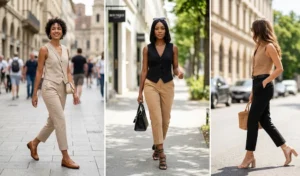 Three women wearing the tailored waistcoat trend, styled with cropped chinos and high-quality leather loafers for a fashionable summer look.