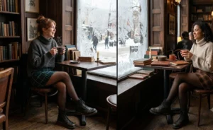 Split image of two women in a dark academia style wearing chunky turtlenecks, plaid mini skirts, and sheer tights in a cozy winter cafe.