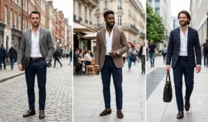 Three men wearing smart casual navy chinos paired with different textured blazers, white poplin shirts, and brown leather shoes.