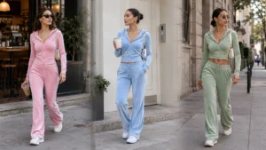 Three women styling pastel velour tracksuits with chunky sneakers for a modern Y2K streetwear look