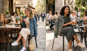 Split-screen of two women in ribbed midi dresses and vintage denim jackets sitting casually at an outdoor cafe table.