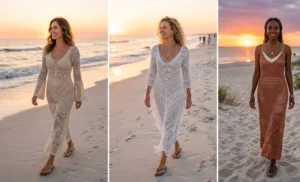 A three-panel collage of women wearing bohemian open-knit crochet maxi dresses over neutral slips standing on a sandy beach during a beautiful golden hour sunset.